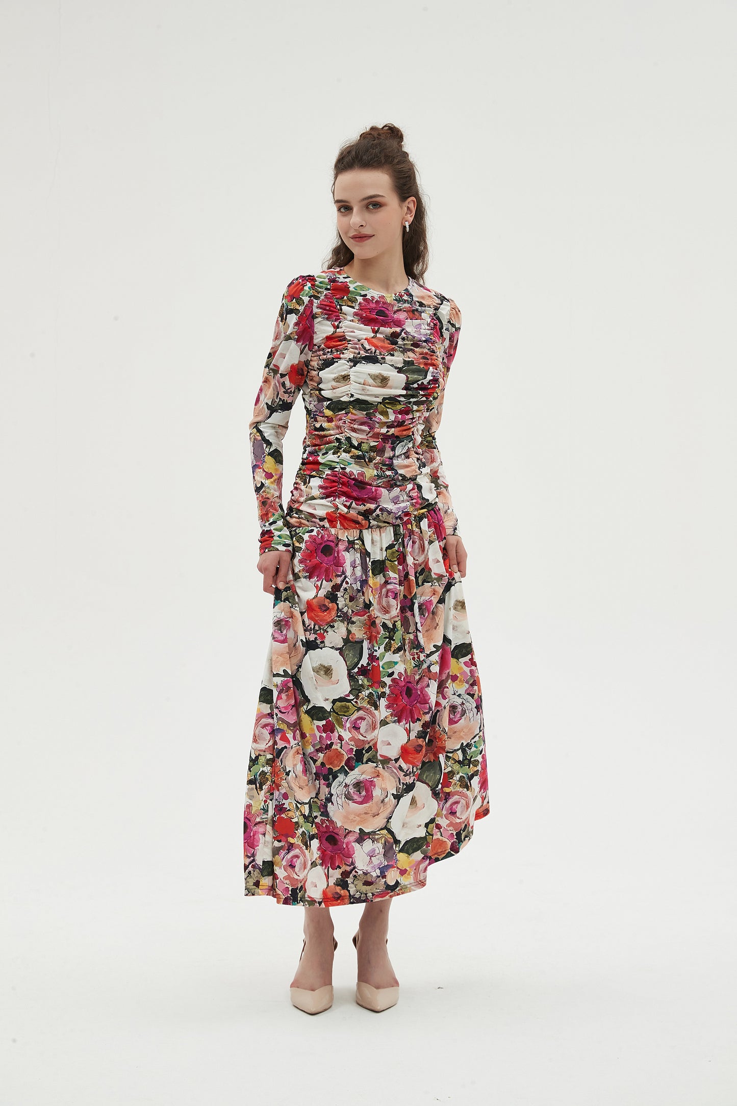 MULTI COLOR RUCHED FRONT MAXI DRESS