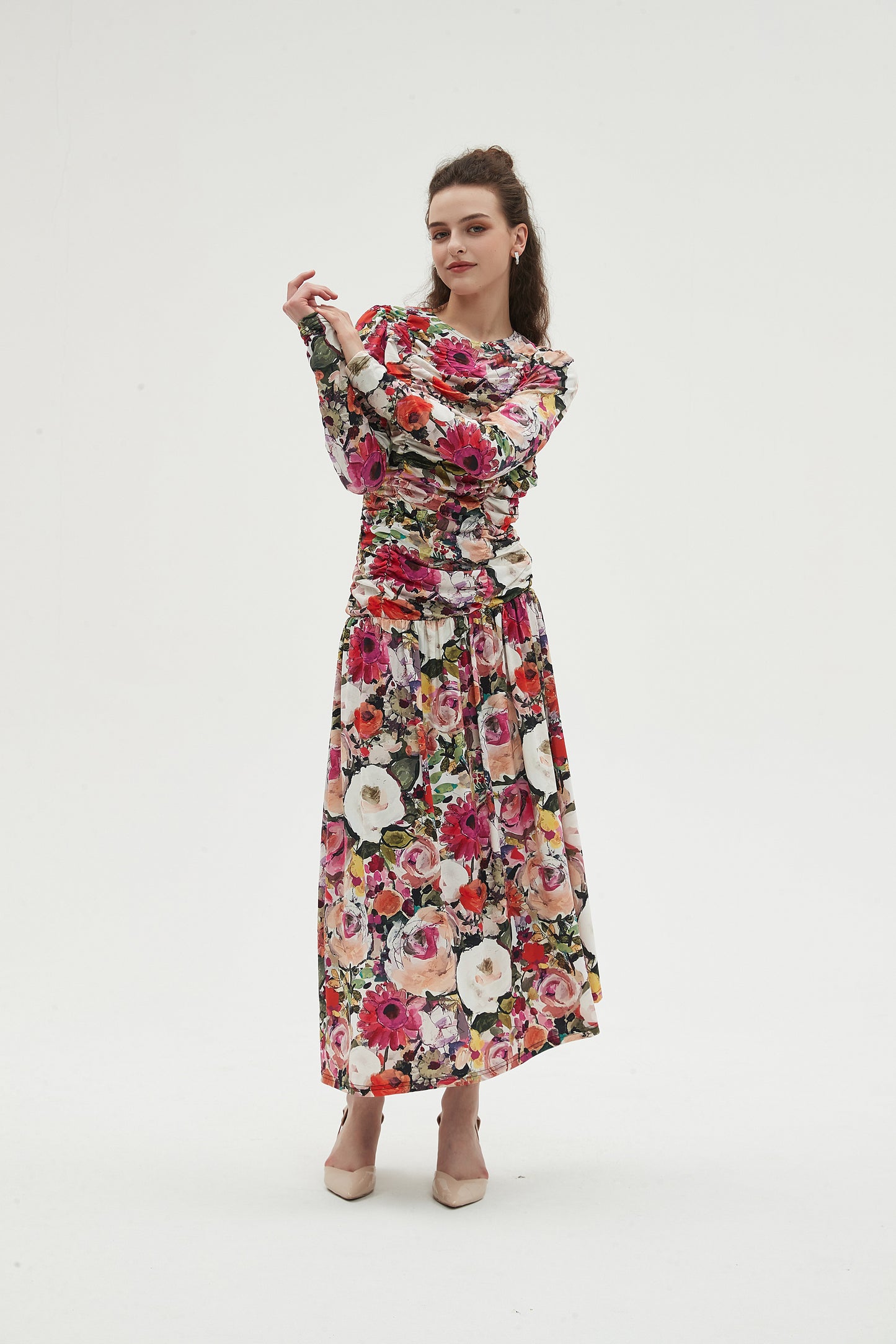 MULTI COLOR RUCHED FRONT MAXI DRESS