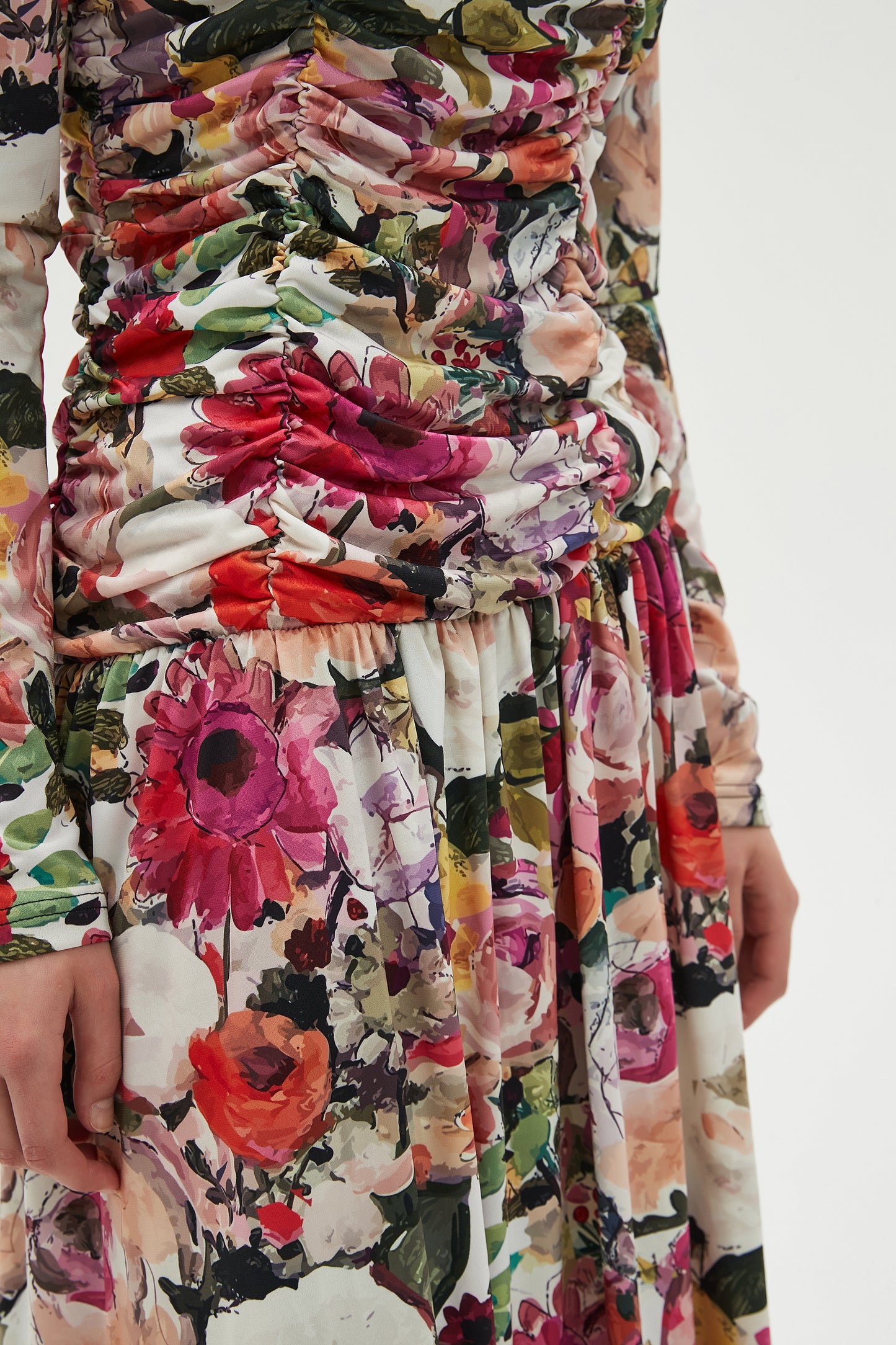 MULTI COLOR RUCHED FRONT MAXI DRESS