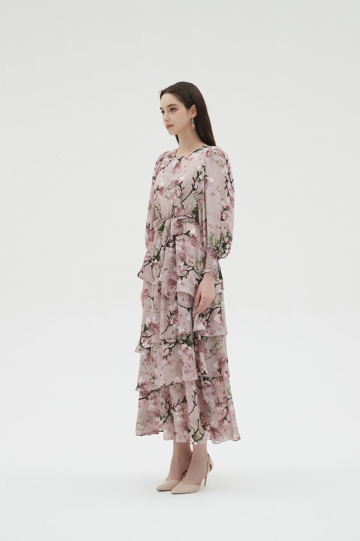 MAXI TIERED DRESS PINK GARDEN