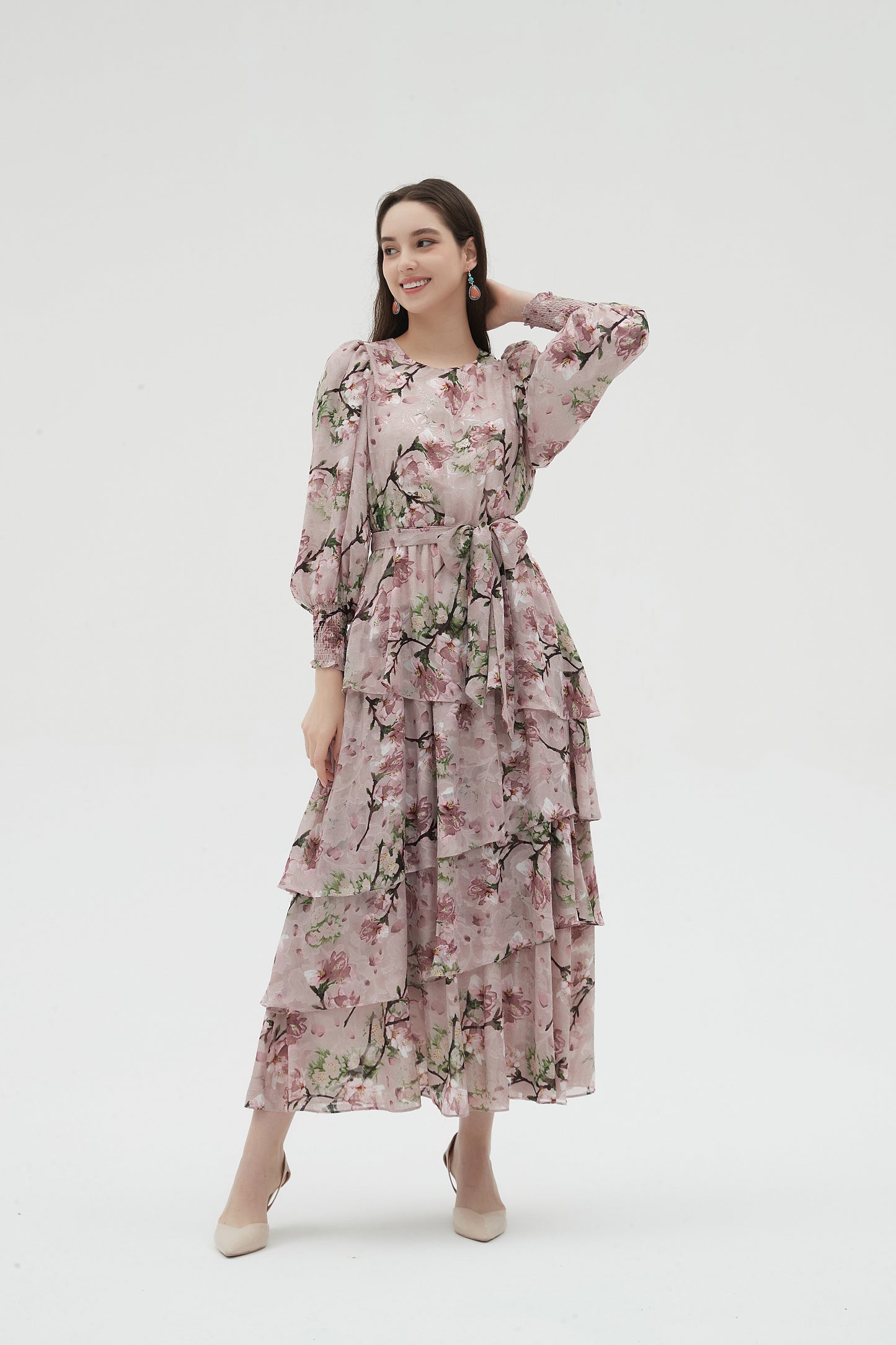 MAXI TIERED DRESS PINK GARDEN