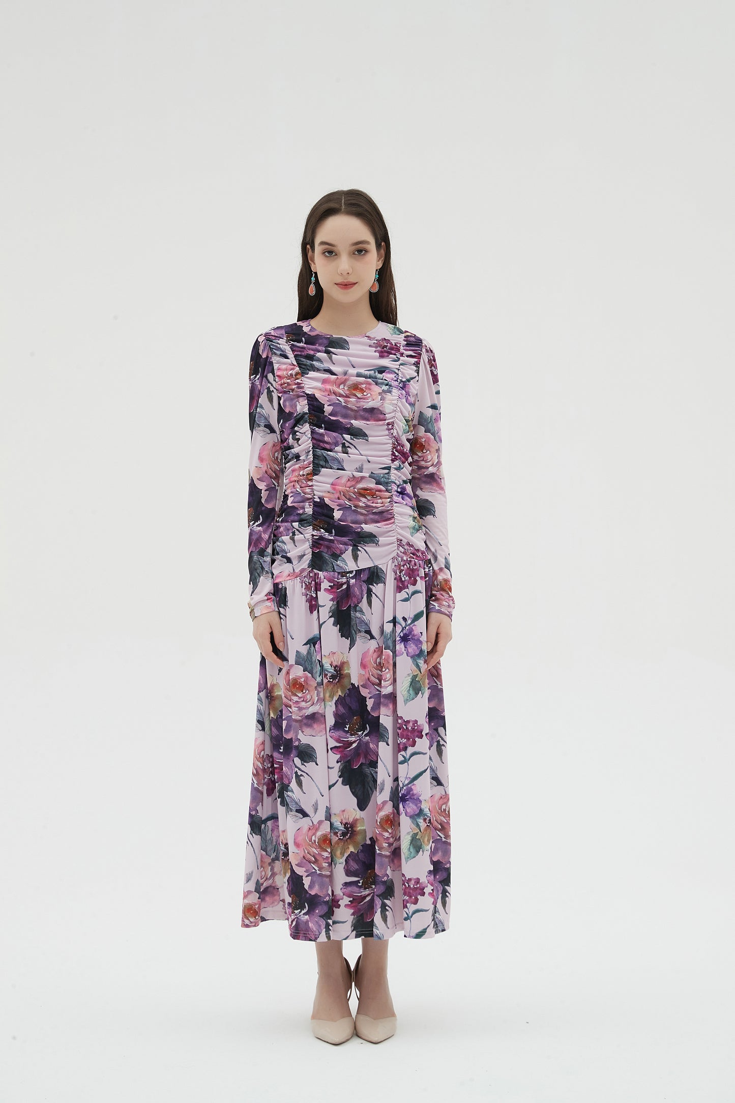 PINK RUCHED FRONT MAXI DRESS