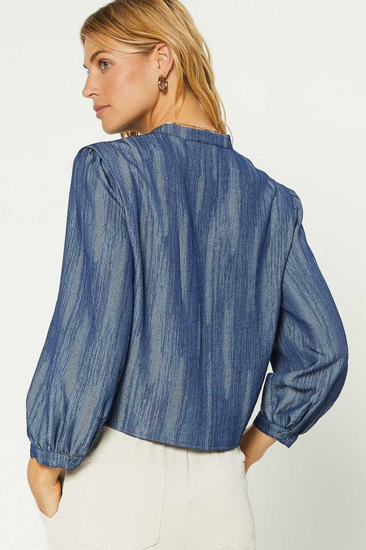 MANDARIN COLLAR TIE FRONT BLOUSE