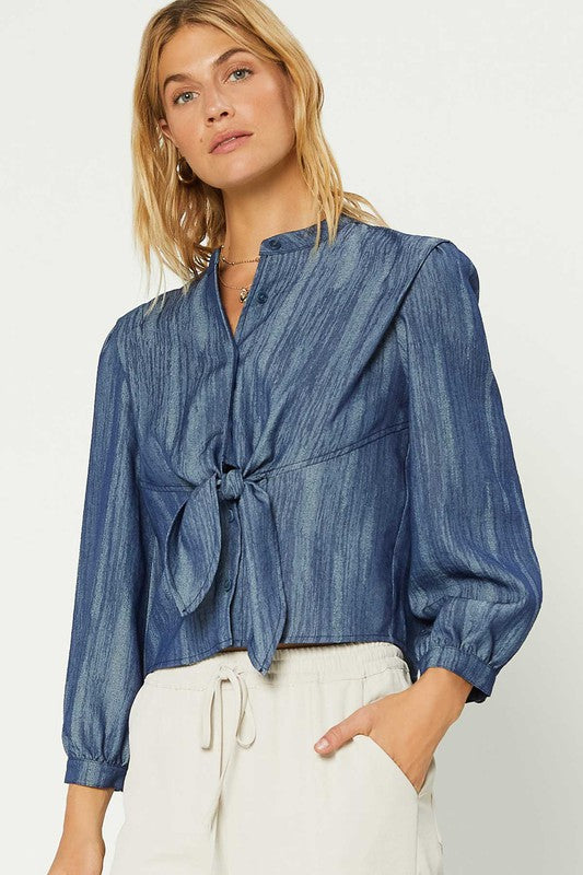 MANDARIN COLLAR TIE FRONT BLOUSE