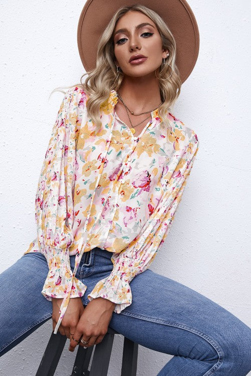 YELLOW FLORAL TIE FRONT TOP