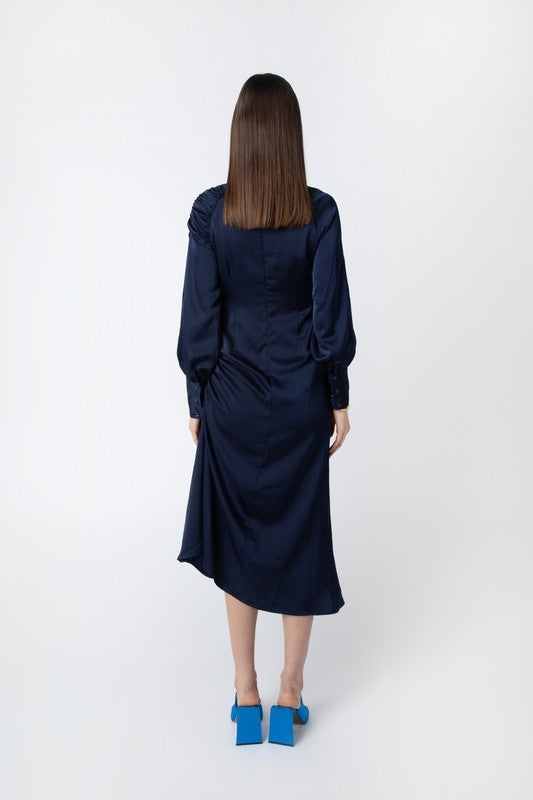 NAVY RUCHED DETAIL DRESS