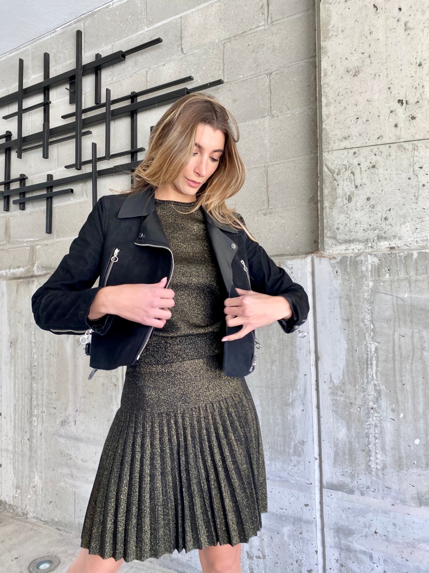 MM PLEATED SKIRT - LUREX BLACK GOLD