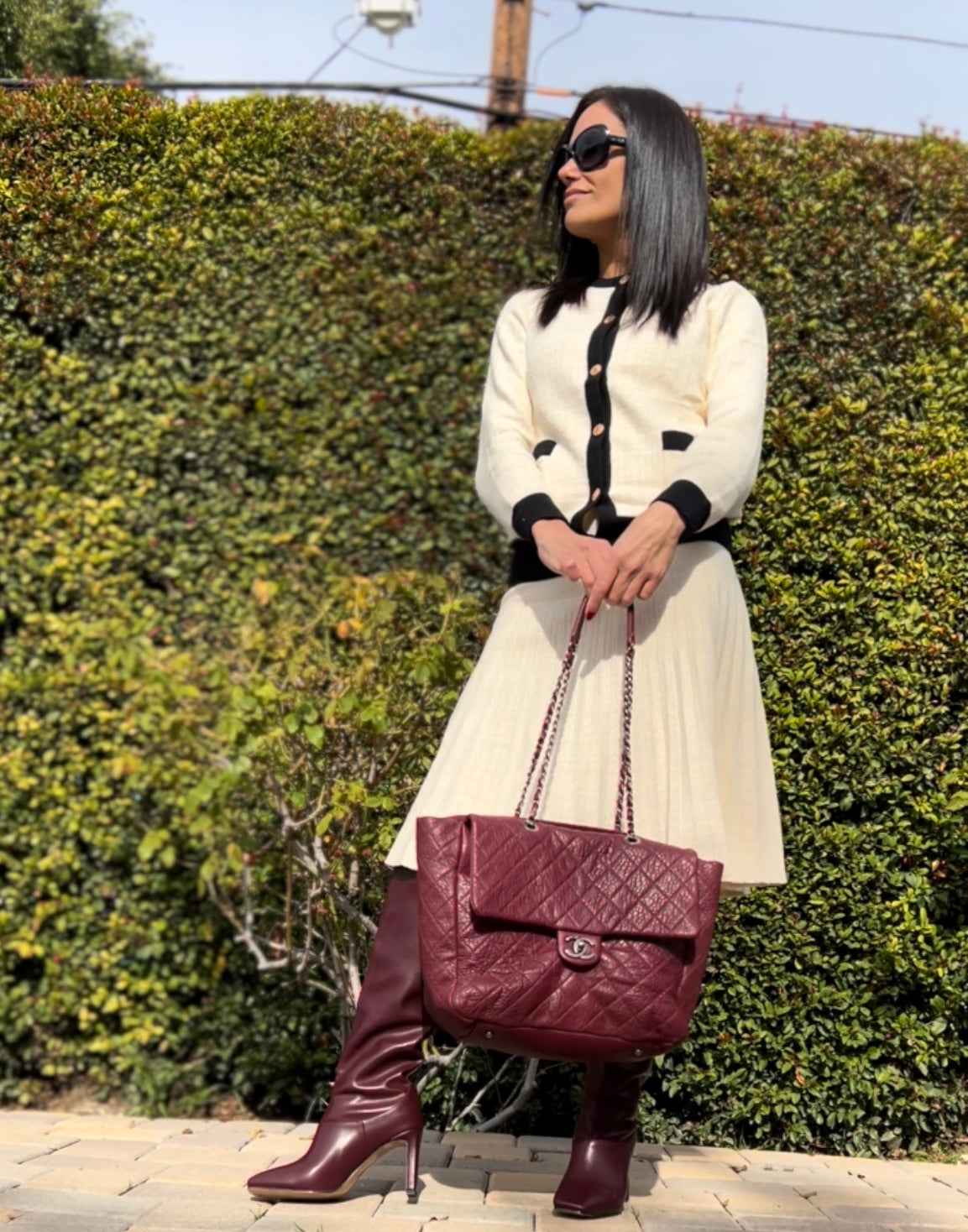 MM KNIT TWEED PLEATED SKIRT - CREAM