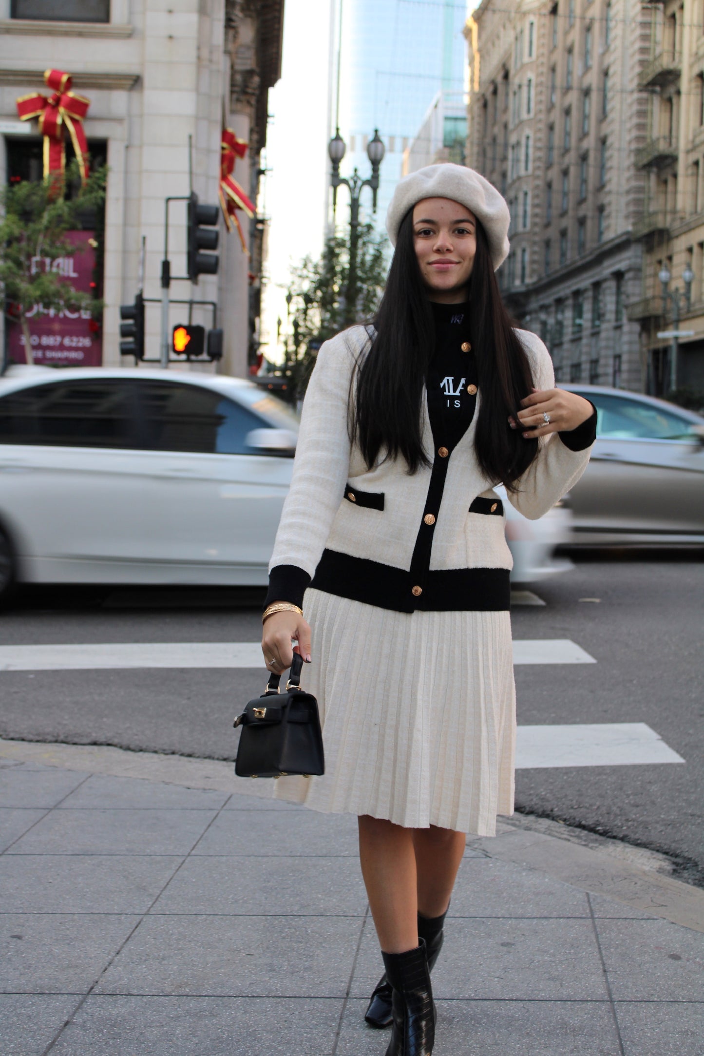 MM KNIT TWEED PLEATED SKIRT - CREAM