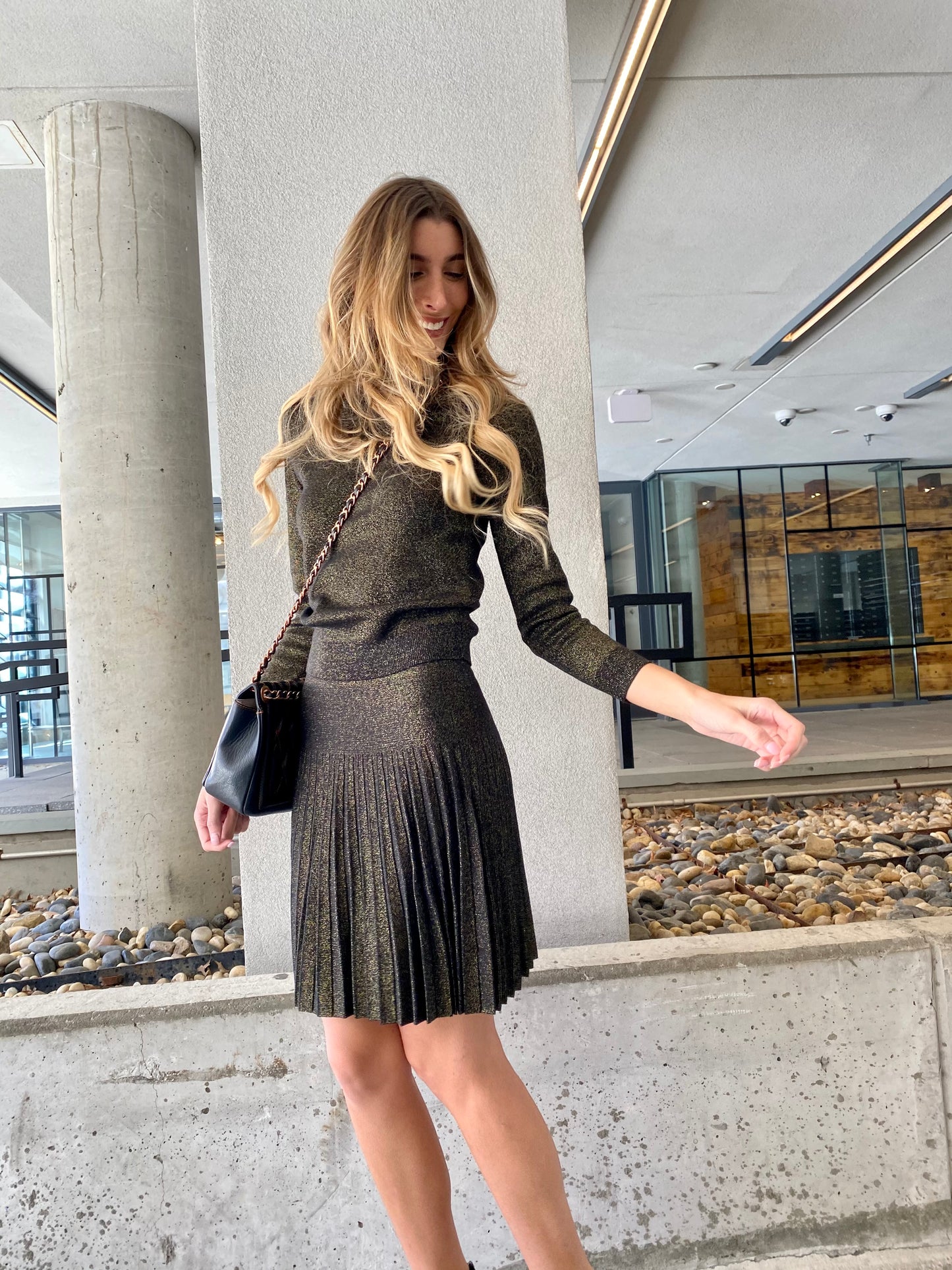 MM PLEATED SKIRT - LUREX BLACK GOLD