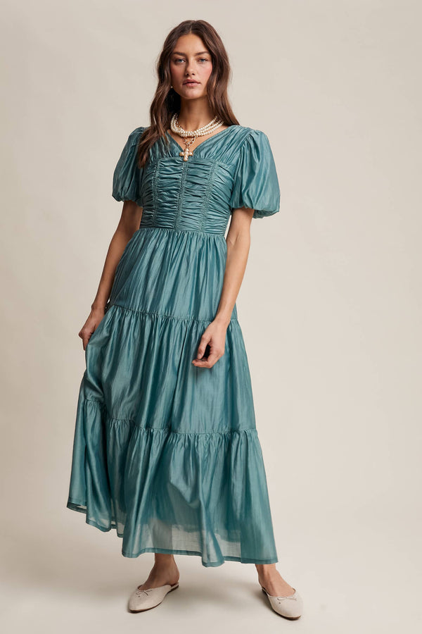 RUCHED TURQUOISE CHIFFON DRESS
