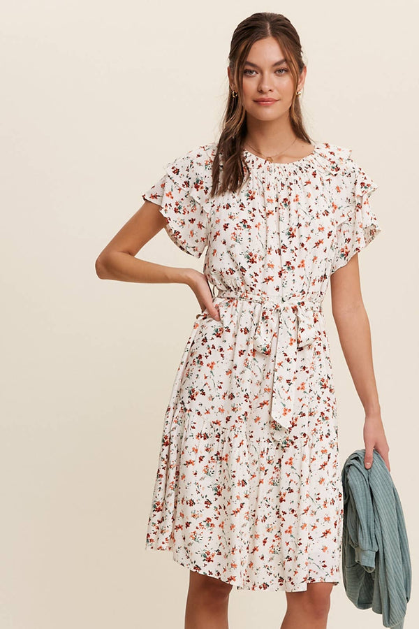 Floral Ruffle Sleeve Midi Dress