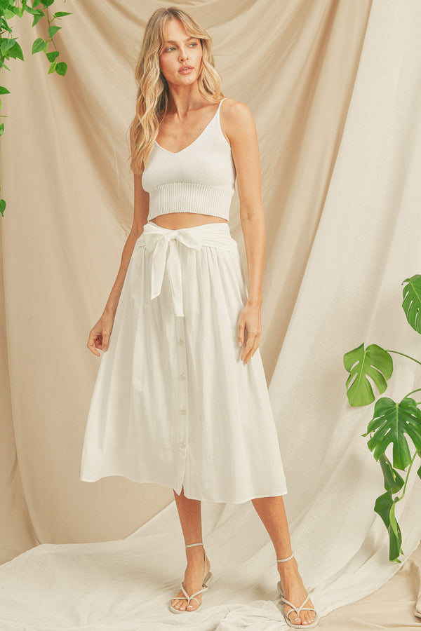 Front Button Closure Waist Tie Skirt