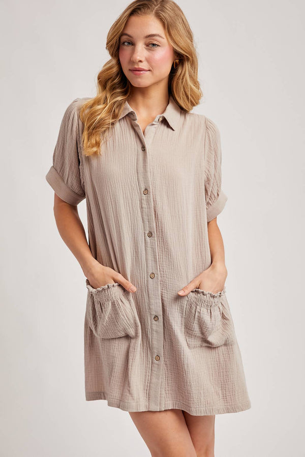 RUFFLED POCKET BUTTON DOWN SHIRT DRESS