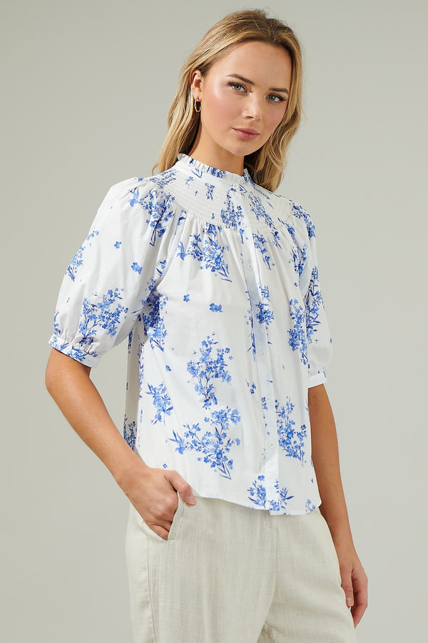 FLORAL BLOSSOM SMOCKED NECK BLOUSE