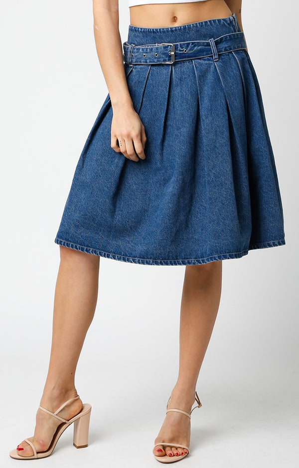 DENIM BELTED FLARE SKIRT