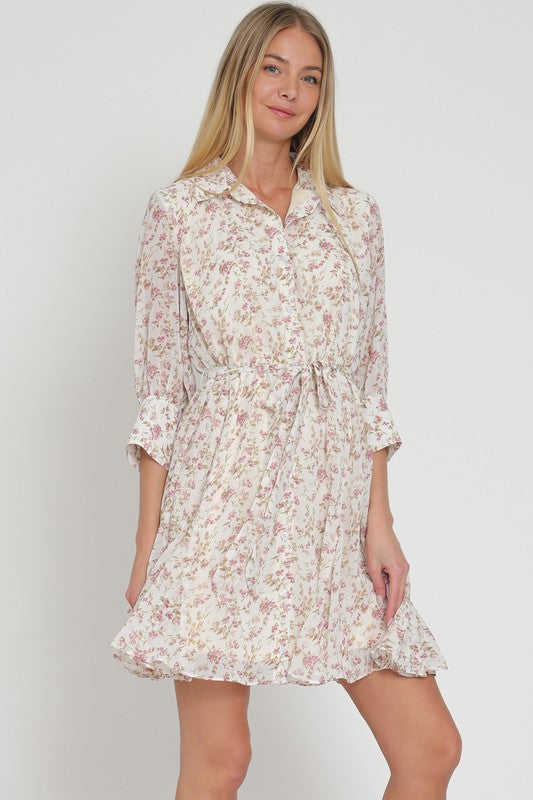BELTED CHIFFON FLORAL DRESS