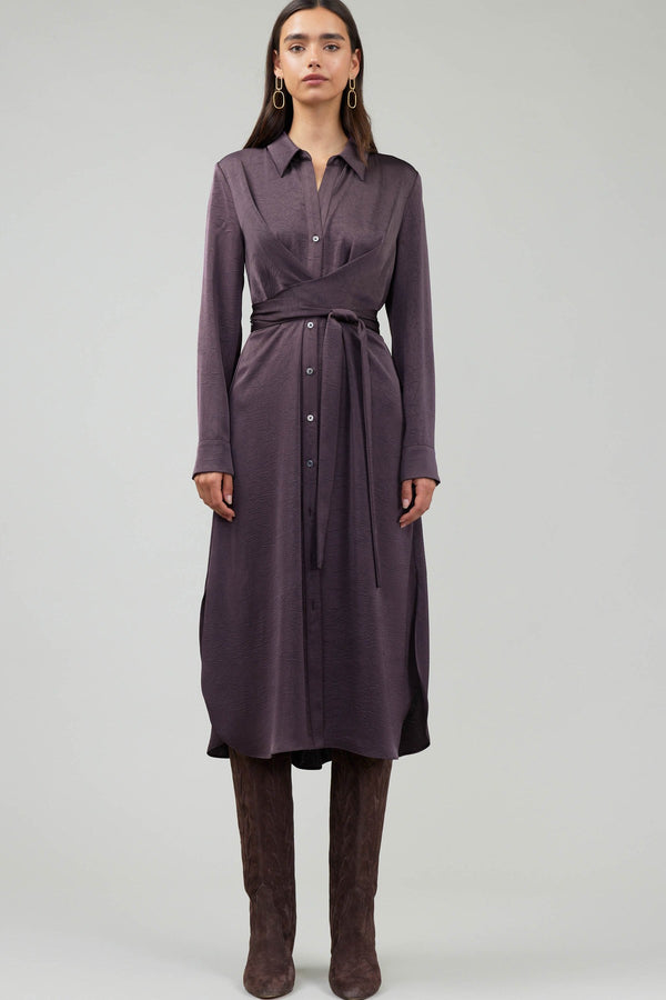 SILKY AUBERGINE CROSSOVER SHIRT DRESS