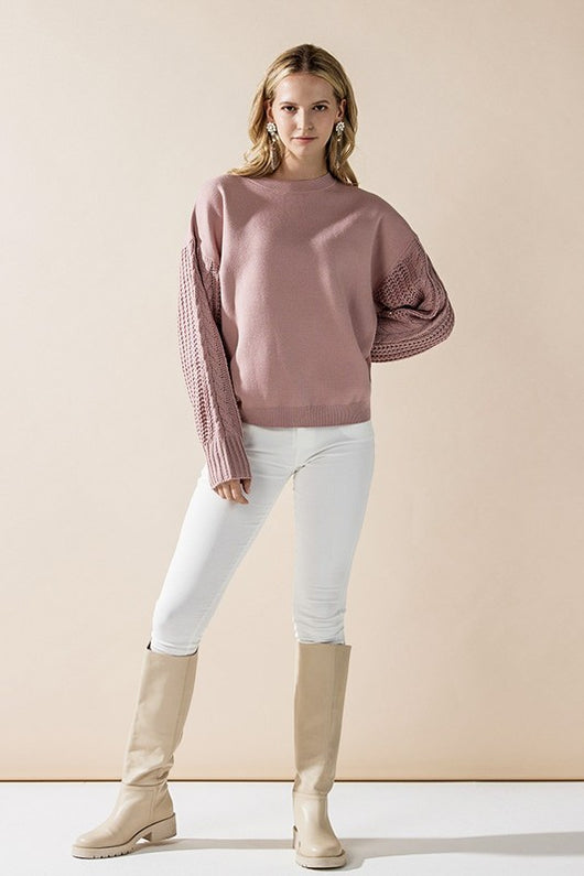 Cozy Solid Body Contrast Cable Knit Sweater