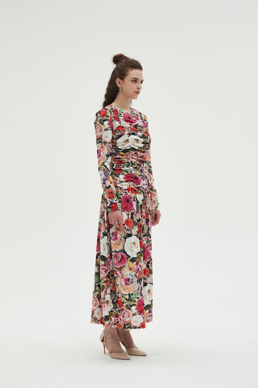 MULTI COLOR RUCHED FRONT MAXI DRESS