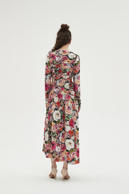 MULTI COLOR RUCHED FRONT MAXI DRESS