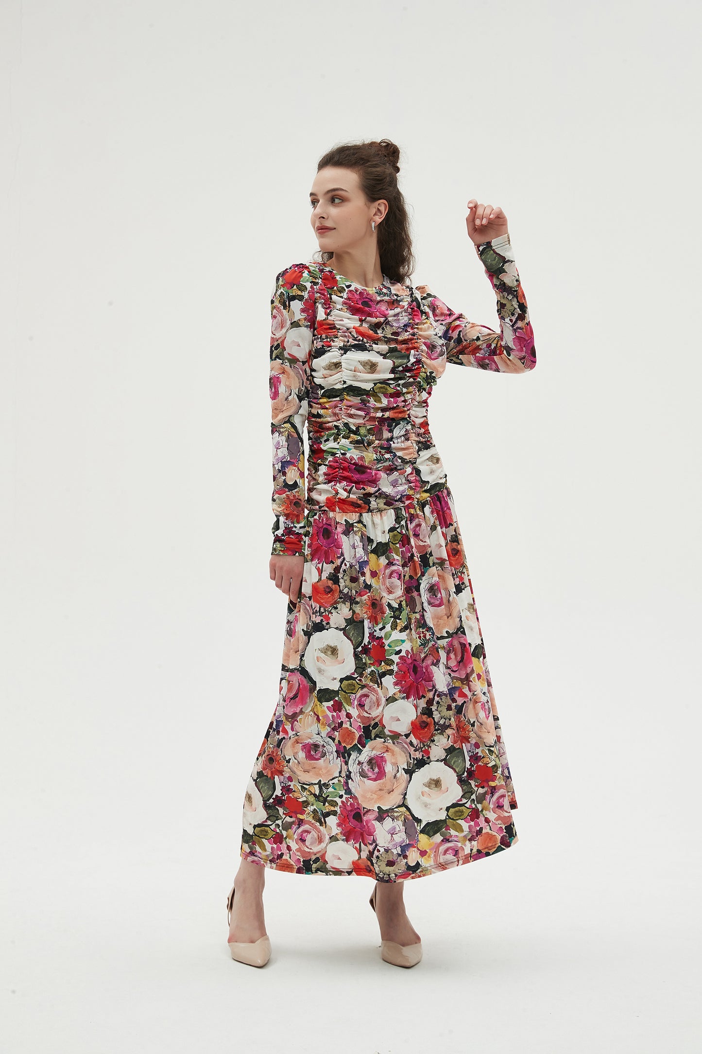 MULTI COLOR RUCHED FRONT MAXI DRESS