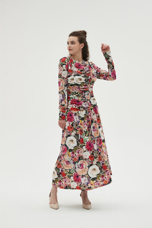 MULTI COLOR RUCHED FRONT MAXI DRESS
