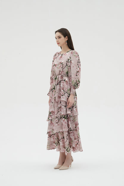 MAXI TIERED DRESS PINK GARDEN