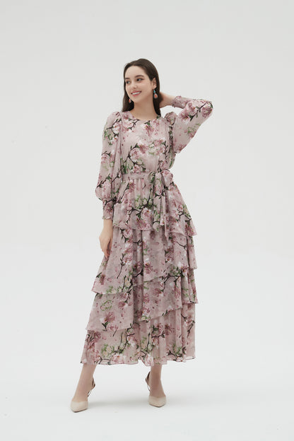 MAXI TIERED DRESS PINK GARDEN
