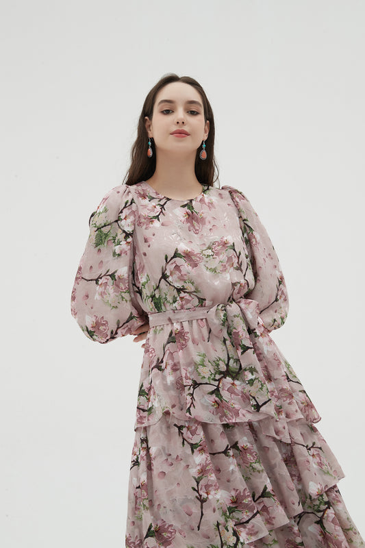 MAXI TIERED DRESS PINK GARDEN
