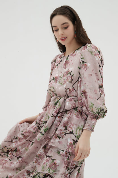 MAXI TIERED DRESS PINK GARDEN