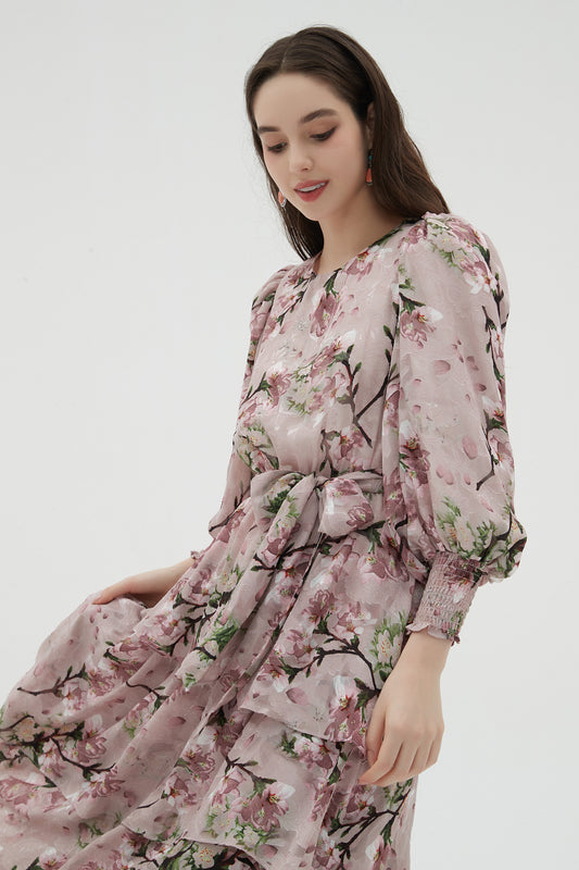 MAXI TIERED DRESS PINK GARDEN