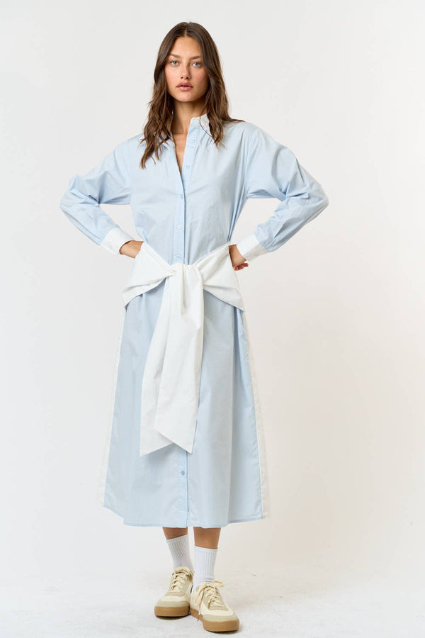 COLOR BLOCK FRONT TIE BUTTON DOWN SHIRT DRESS
