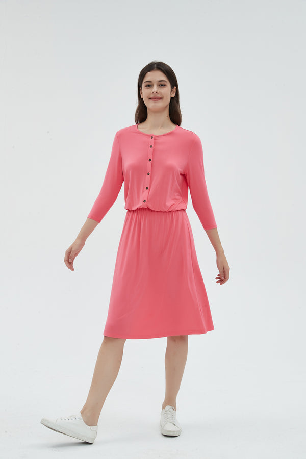 MM SMOCKED WAIST EVERYTHING DRESS 3/4 SLEEVES -  CORAL