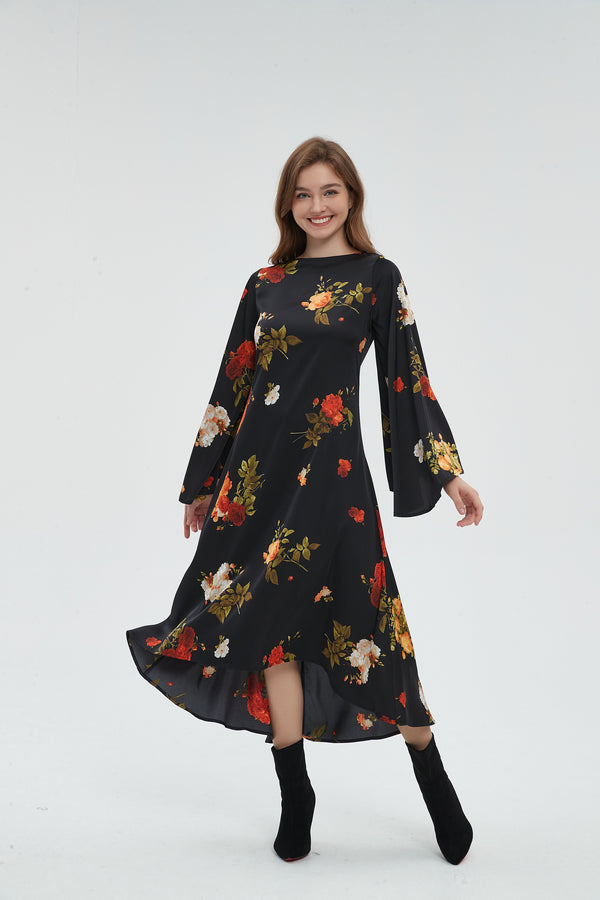 SILKY FIT AND FLARE DRESS - BLACK FLORAL