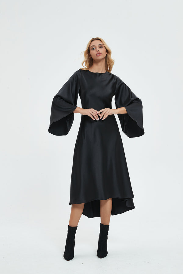 SILKY FIT AND FLARE DRESS - BLACK