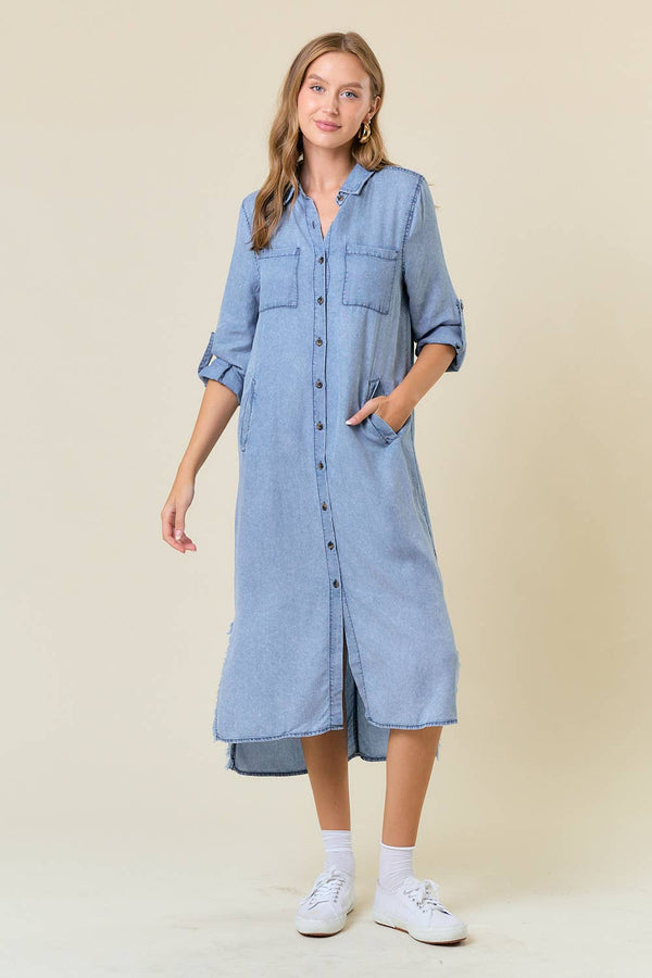LONG SLEEVE FRAYED TENCEL DENIM SHIRT MIDI DRESS
