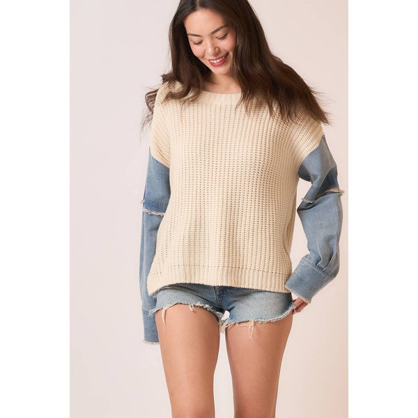 Knit Sweater with Contrast Denim Sleeves