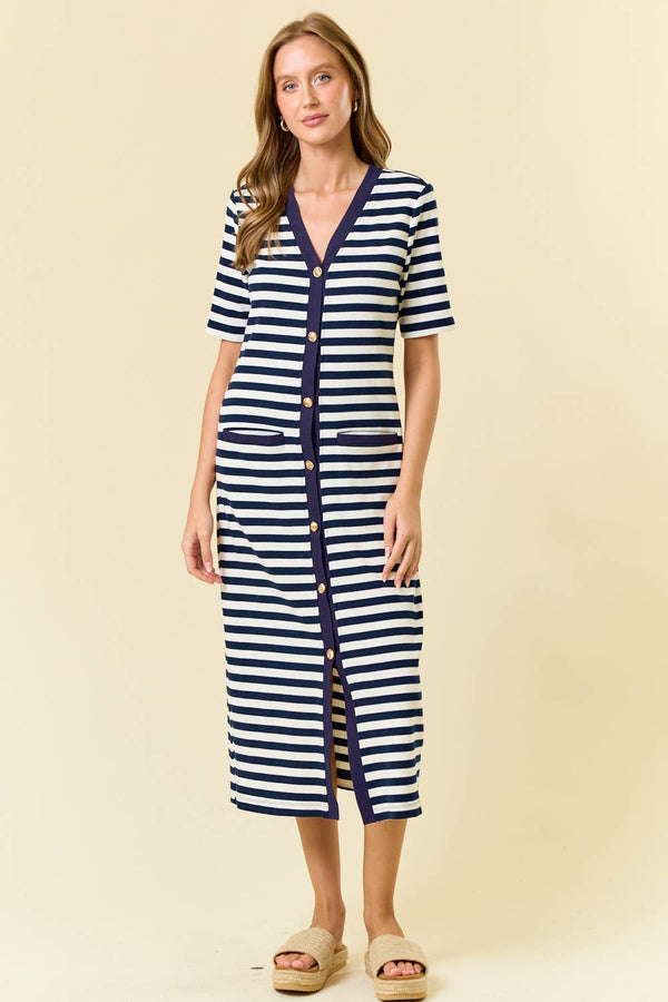 STRIPE KNIT BUTTON FRONT MIDI SHIRT DRESS