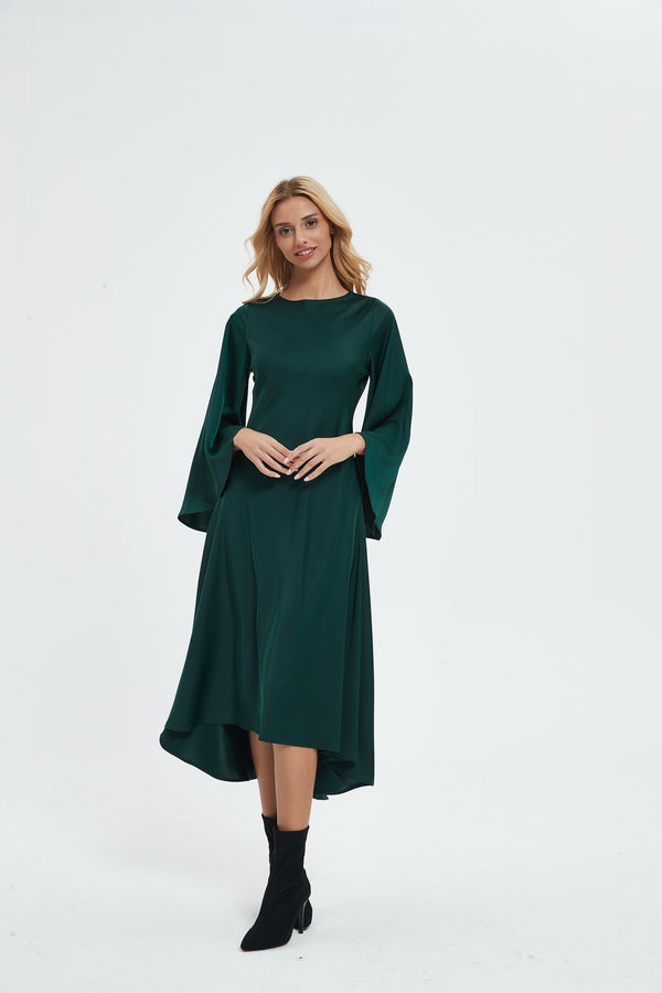 SILKY FIT AND FLARE DRESS - EMERALD GREEN