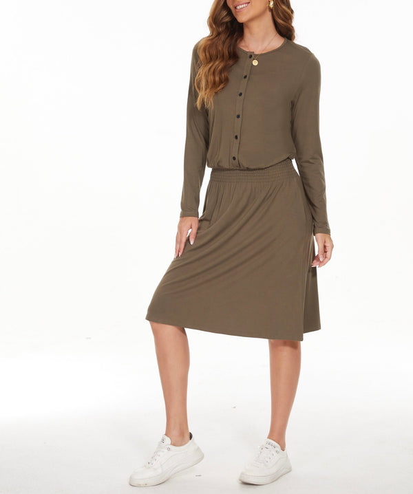 MM SMOCKED WAIST EVERYTHING DRESS LONG SLEEVES - OLIVE GREEN