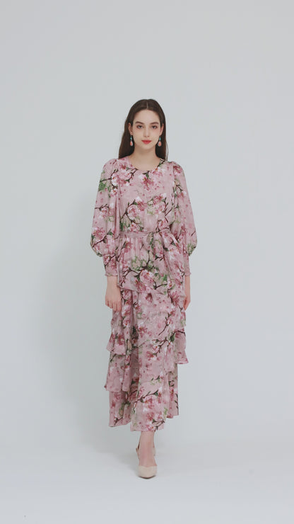 MAXI TIERED DRESS PINK GARDEN