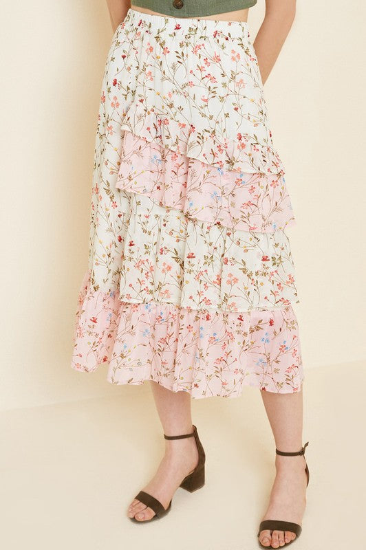 TIERED FLORAL MIDI SKIRT