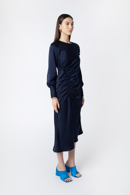 NAVY RUCHED DETAIL DRESS