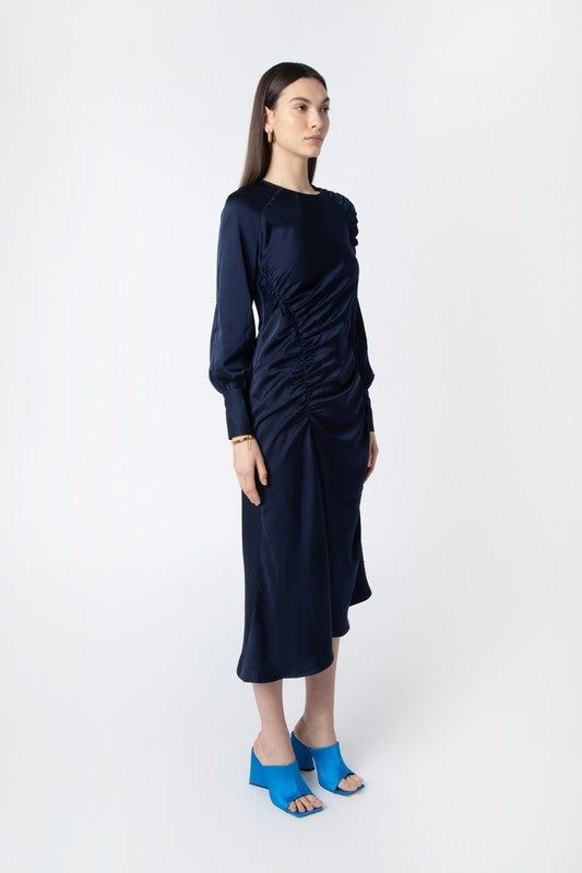 NAVY RUCHED DETAIL DRESS