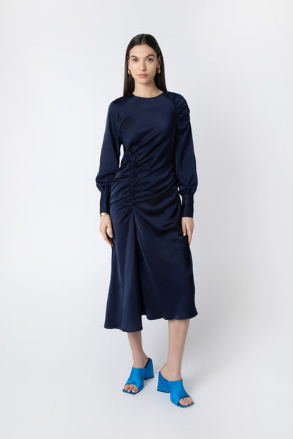 NAVY RUCHED DETAIL DRESS