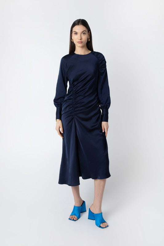 NAVY RUCHED DETAIL DRESS
