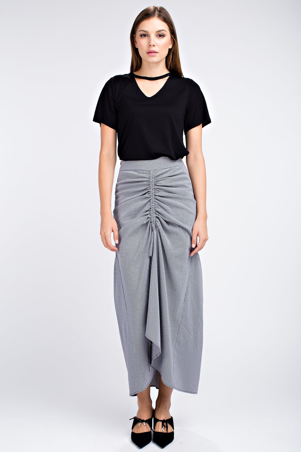 RUCHED FRONT PLAID SKIRT