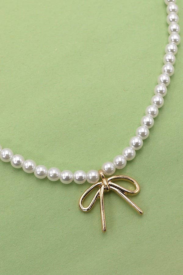 PEARL CHAIN BOW CHARM NECKLACE | 80N342
