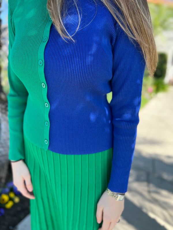 MM RIBBED COLOR BLOCK CARDIGAN - KELLY GREEN/ROYAL BLUE